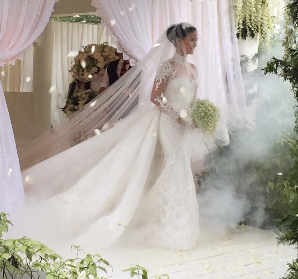 Robe De Mariage Роскошные Длинные рукава Русалка свадебное платье с Съемный шлейф