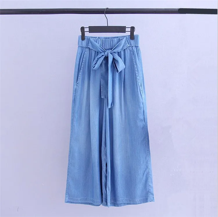 light blue Милые женские джинсы до щиколотки с широкими штанинами, большие размеры, M-7XL, мягкие джинсы, Летние Повседневные Джинсы бойфренда с поясом для женщин - Цвет: light blue