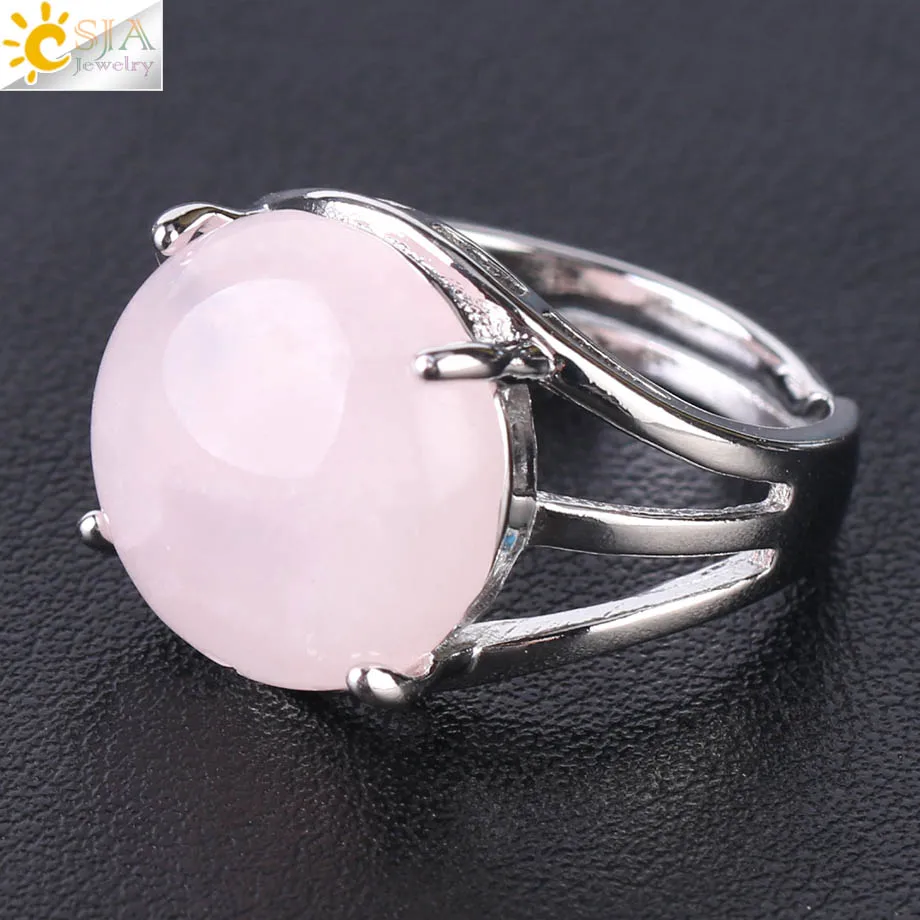 Rose Quartz CSJA уникальное кольцо для женщин, натуральный камень, круглые бусины, повседневные кольца на палец, Фиолетовый Кристалл, кварц, серебряный цвет, вечерние ювелирные изделия F476 - Цвет основного камня: Rose Quartz