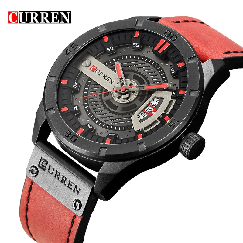 black red CURREN для мужчин часы Военная Униформа Спортивные кварцевые Дата человек повседневное кожа наручные часы Relogio Masculino роскошные - Цвет: black red