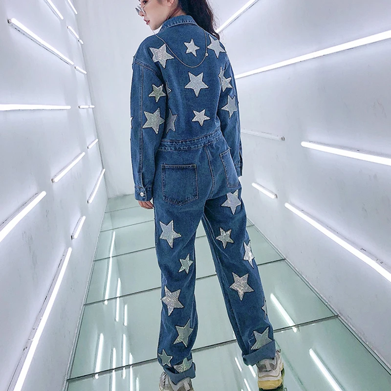 7 Манг 2019 уличная синий джинсовые комбинезон женщин с длинным рукавом звезды