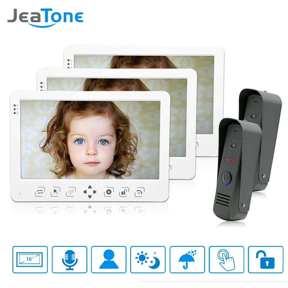 Видеодомофон JeaTone 10 дюймов система дверного звонка с белой сенсорной кнопкой