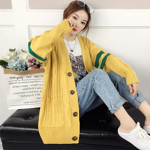 Yellow Женский длинный вязаный кардиган TIGENA, вязаный жакеты с длинным рукавом для женщин на осень-зиму - Color: Yellow