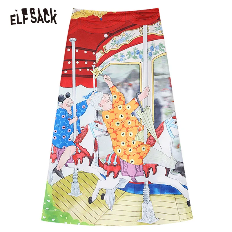 Многоцветный ELFSACK Fashion Cartoon Print Women Skirt Summer Vintage A-line Mid Waist Female Skirts Streetwear Casual Femme Bottoms - Цвет: Многоцветный