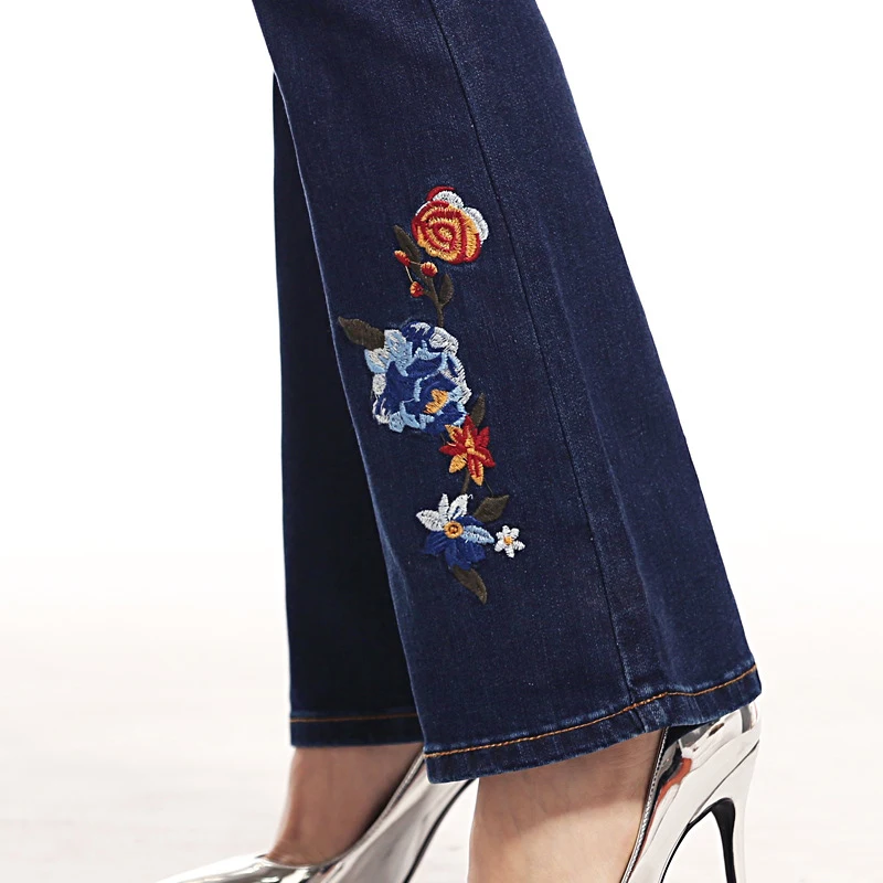 

New Brand Pants Beautiful Embroidery Flower Women Clothing Jeans Skinny Flare Pants Female High Waist Jeans Blue Plus Size 36