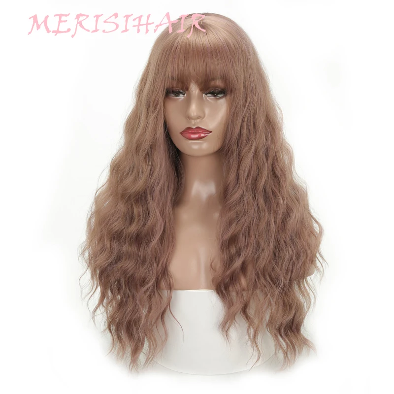 

MERISI HAIR Synthetic 20Inch Brown Black 9Colors Available Long Wavy Hairstyle Wigs For Women Daily Hair High Temperature Fiber