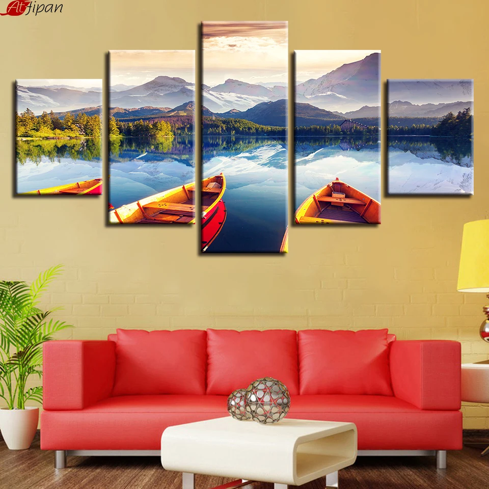 Canvas Wall Art Pictures Living Room Decor HD Printed 5 Pieces Mountain Lake And Boat Paintings Natural Landscape Poster Frame | Дом и сад