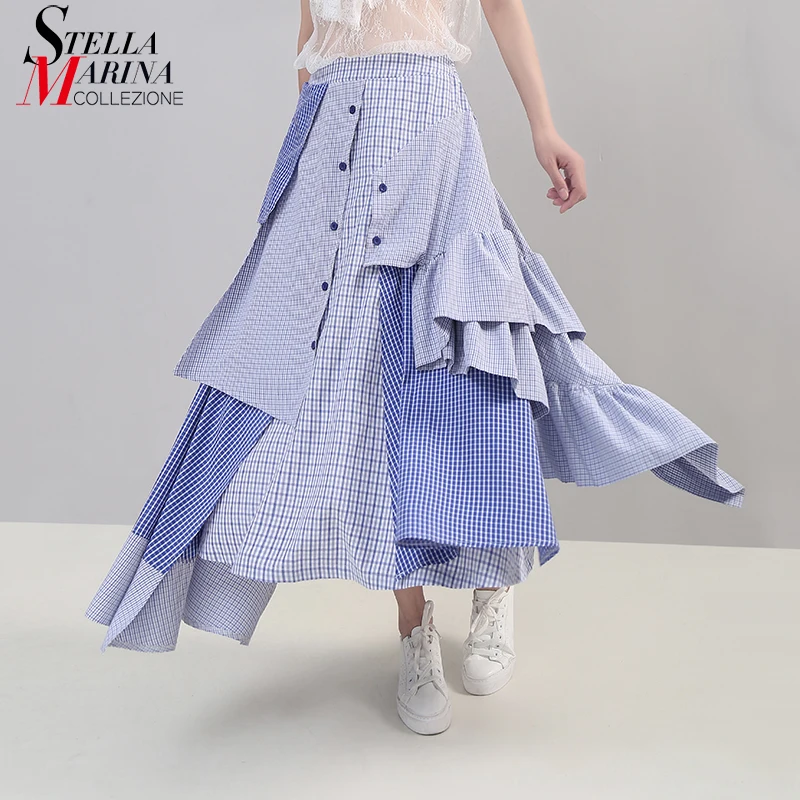 Korean Style Women Summer Asymmetrical Blue Striped Casual Skirt Ruffles Elastic Waist Ladies Stylish Skirt Robe Femme 5243