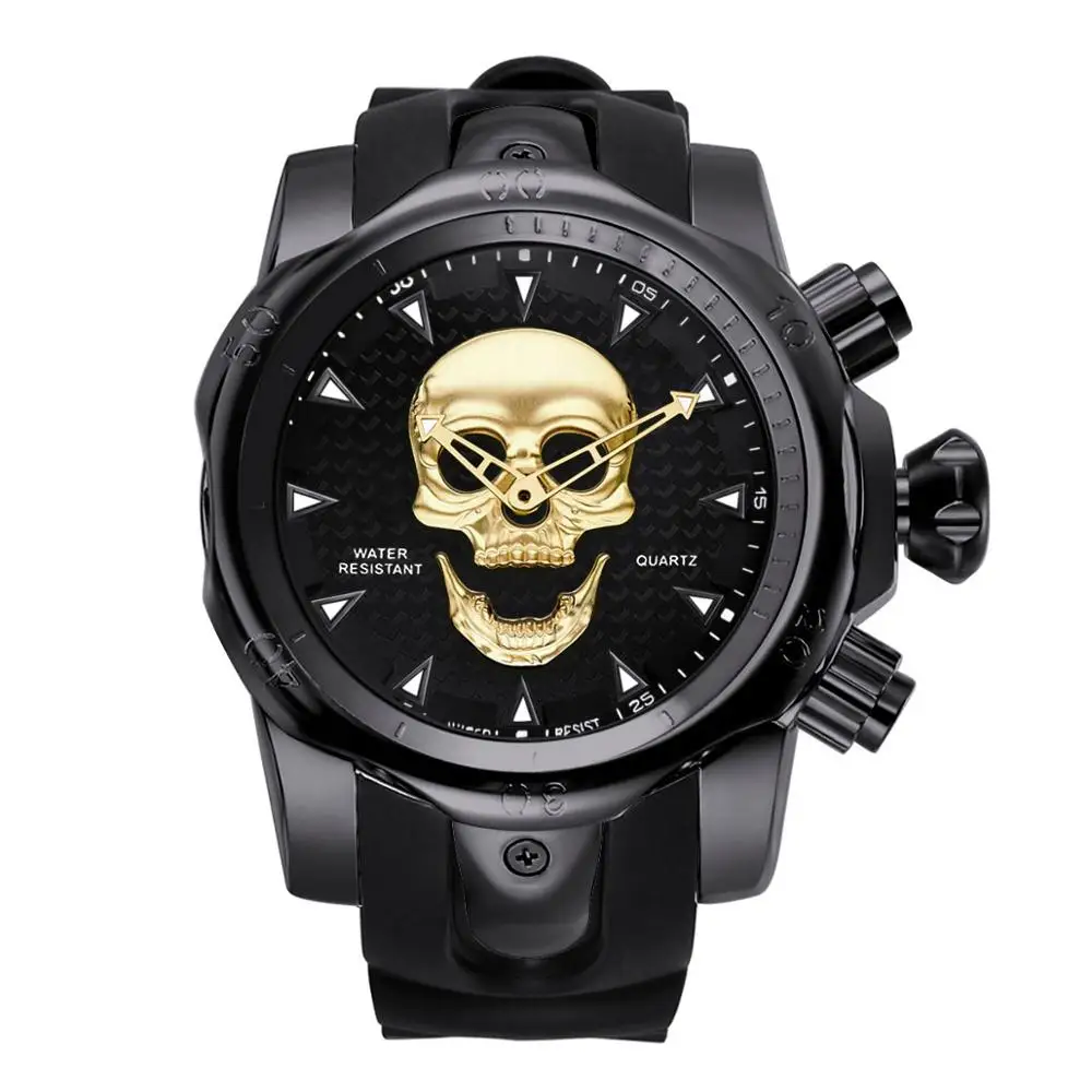gold black Мужские часы с 3D пиратским черепом, кварцевые часы топ бренда, мужские военные силиконовые спортивные мужские часы, водонепроницаемые мужские часы - Цвет: gold black