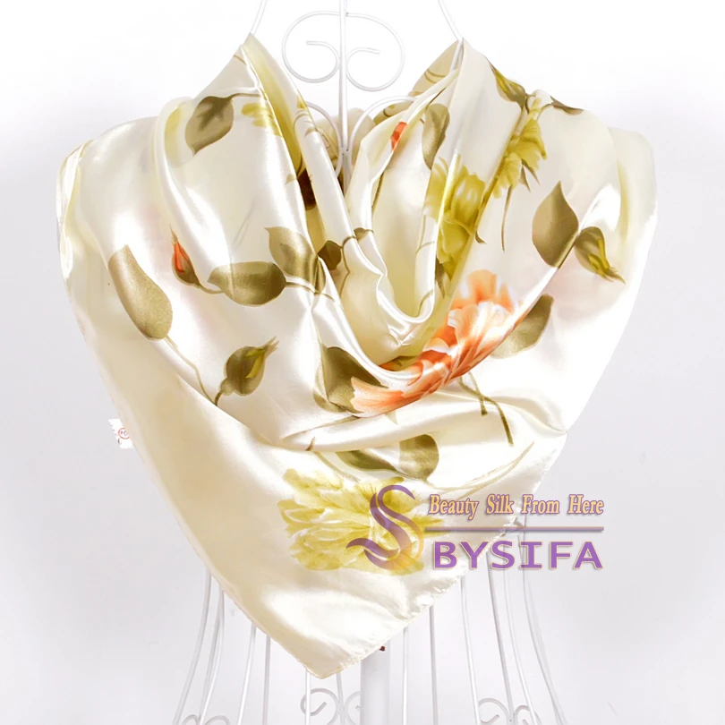BYSIFA женский атласный шелковый шарф хиджаб бренд синий розовый красный цветочный узор квадратные шарфы палантины весна осень мусульманский головной платок накидка
