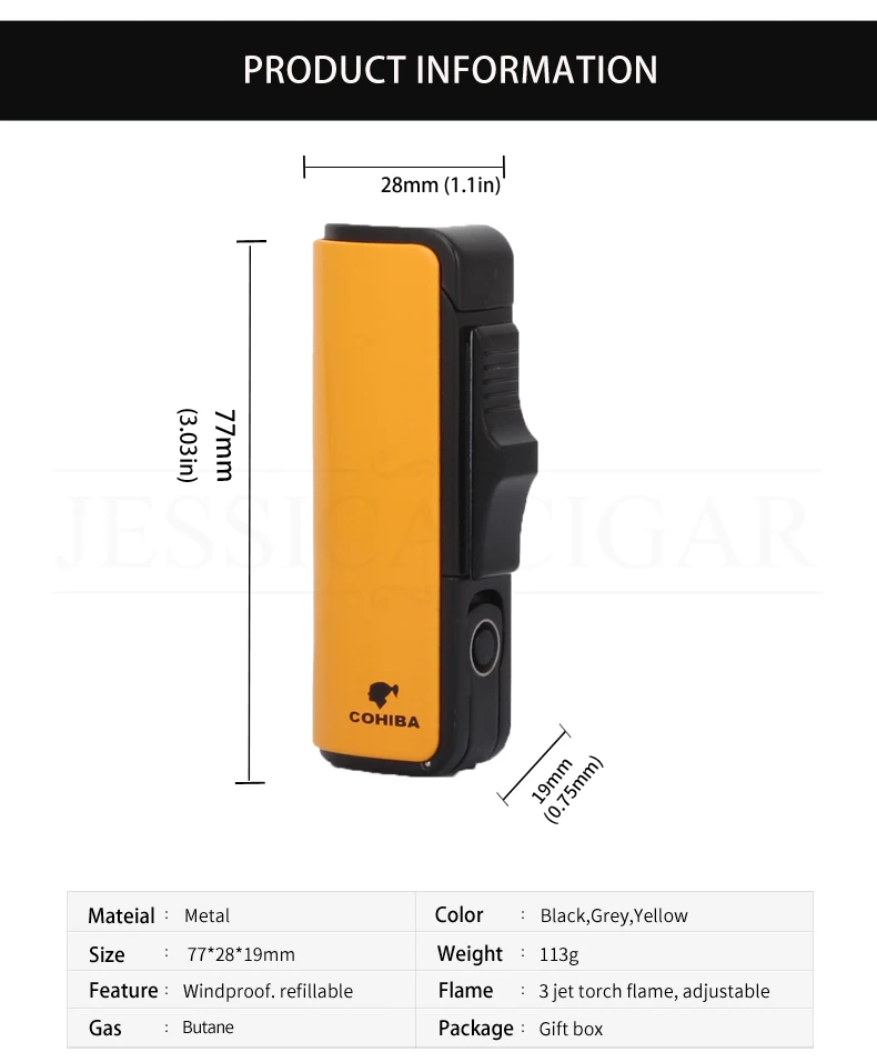 COHIBA Бутановая Зажигалка, 3 струйный фонарь, ветрозащитные зажигалки для сигарет, металлическая многоразовая Зажигалка для сигар с подарочной коробкой