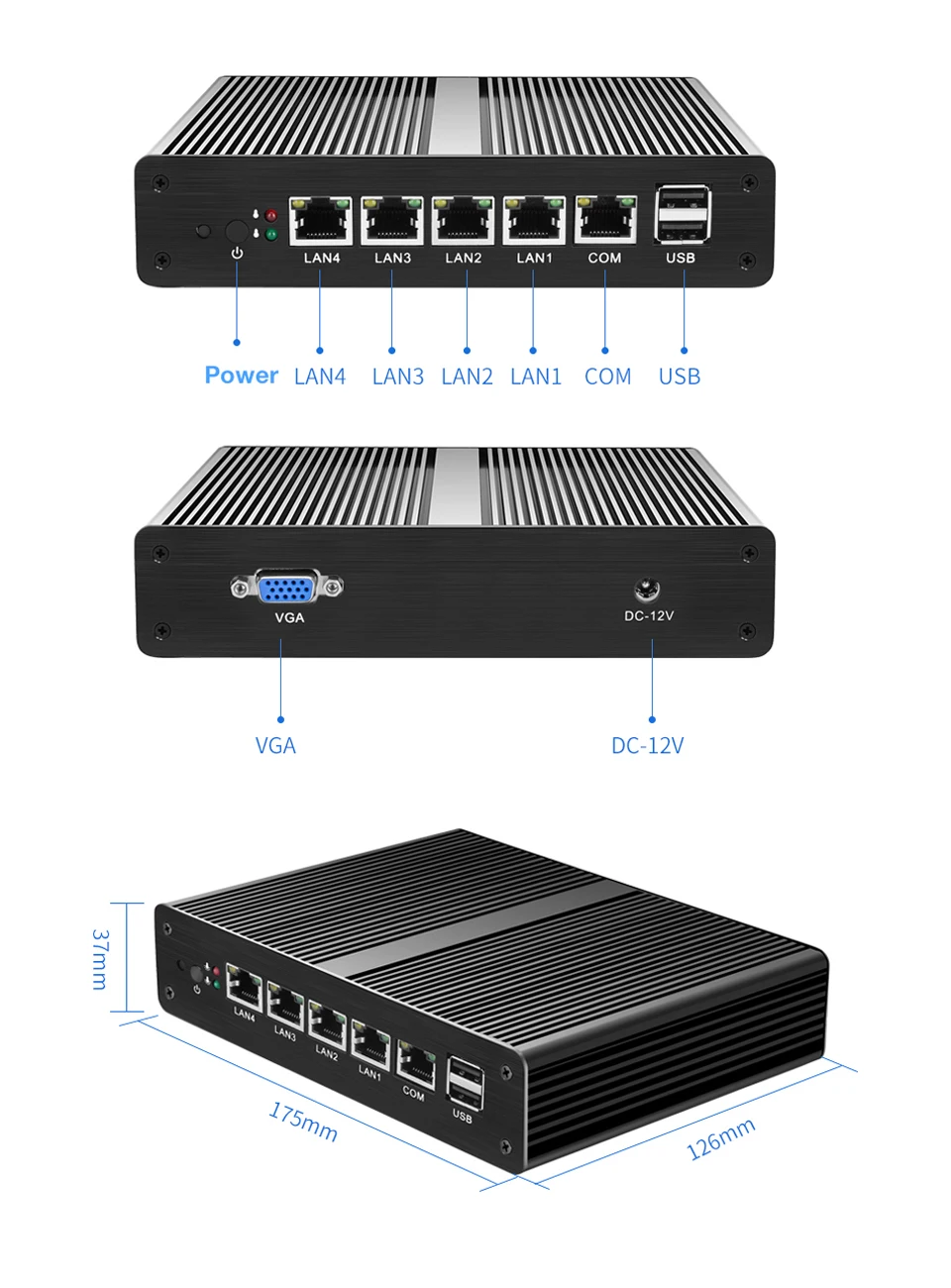 Безвентиляторный мини-ПК PFsense сервер Celeron J1900 4 ядра 4 Gigabit LAN маршрутизатор брандмауэра Windows 10/8/7/Vista неттоп HTPC RJ45 VGA Minipc