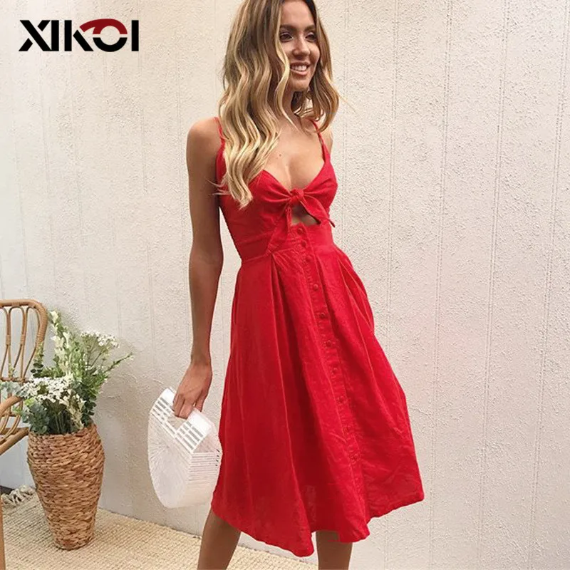 XIKOI Causal Backless Summer Dress Hollow Out Bow Midi Women Female Spaghetti Strap Sundress Print Button 2021 vestidos | Женская одежда