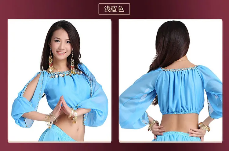 Light Blue Женский костюм для танца живота, шифон, фонарь, длинные рукава, золотые монеты, топ и тройники, индийская одежда, топы для танца живота - Цвет: Light Blue