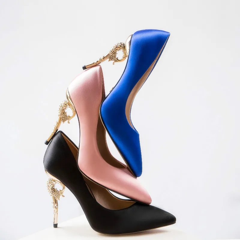 Цвет розовый синий черный Сатиновые туфли на высоком каблуке с декоративными