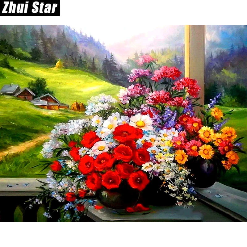 

Zhui Star Full Square Drill 5D DIY Diamond Painting "Balcony flower" 3D Embroidery set Cross Stitch Mosaic Decor gift VIP