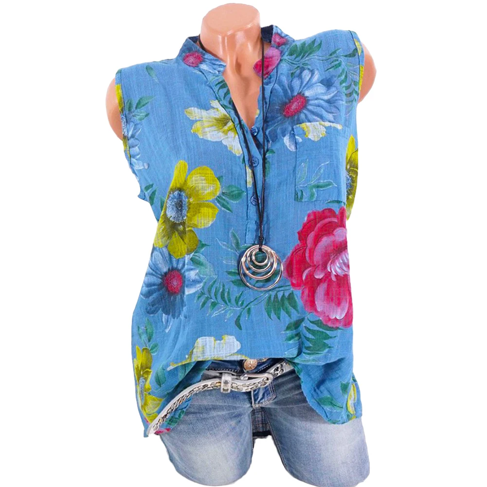 Fashion Summer Plus Size Flower Leaves Print Women Stand Collar Sleeveless Tank Top Vest | Женская одежда