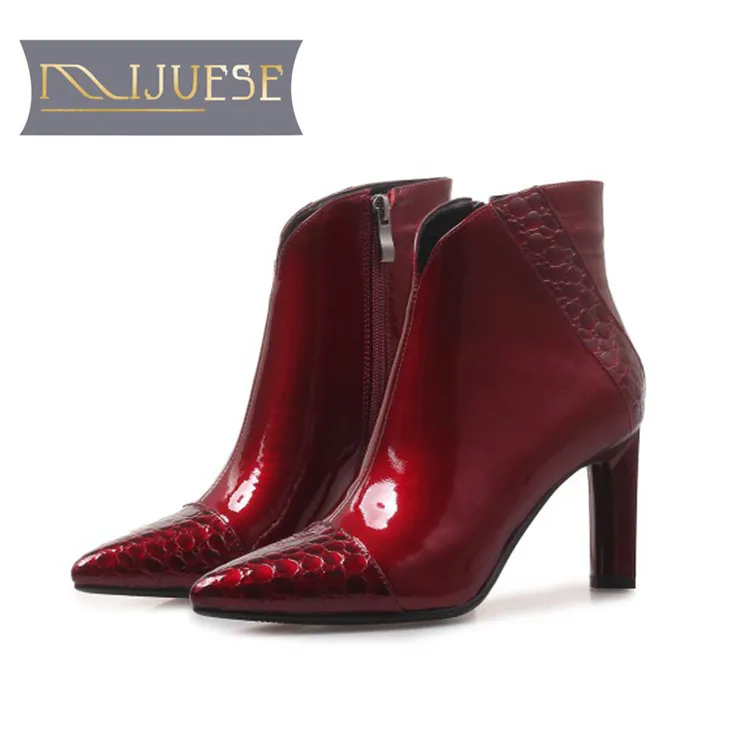 MLJUESE 2019 женские ботильоны из коровьей кожи лакированные кожаные ботинки на