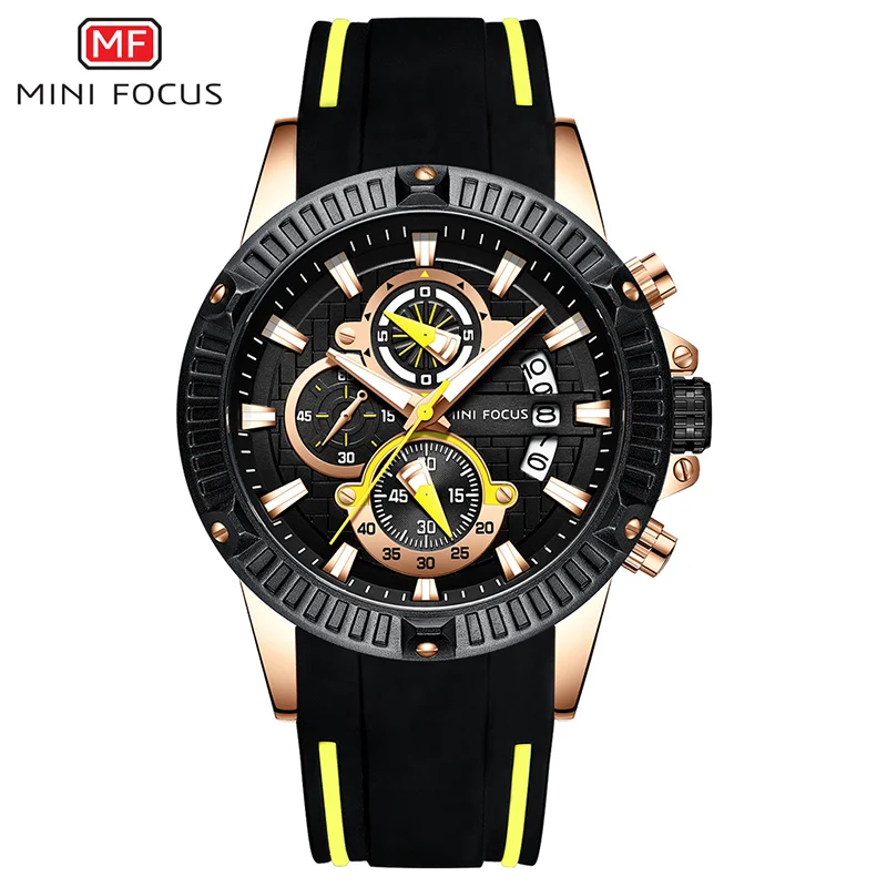 Black yellow silicon Мини фокус мужские часы Роскошные брендовые силиконовые часы мужские спортивные водонепроницаемые аналоговые часы с хронографом Reloj Hombre Relogio - Цвет: Black yellow silicon