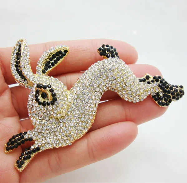 Винтажная животная брошь черный кролик в стиле модерн с кристаллом горный
