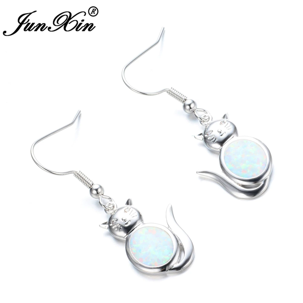 Женские серьги-коты JUNXIN серьги с белым огненным опалом серебристого цвета модные