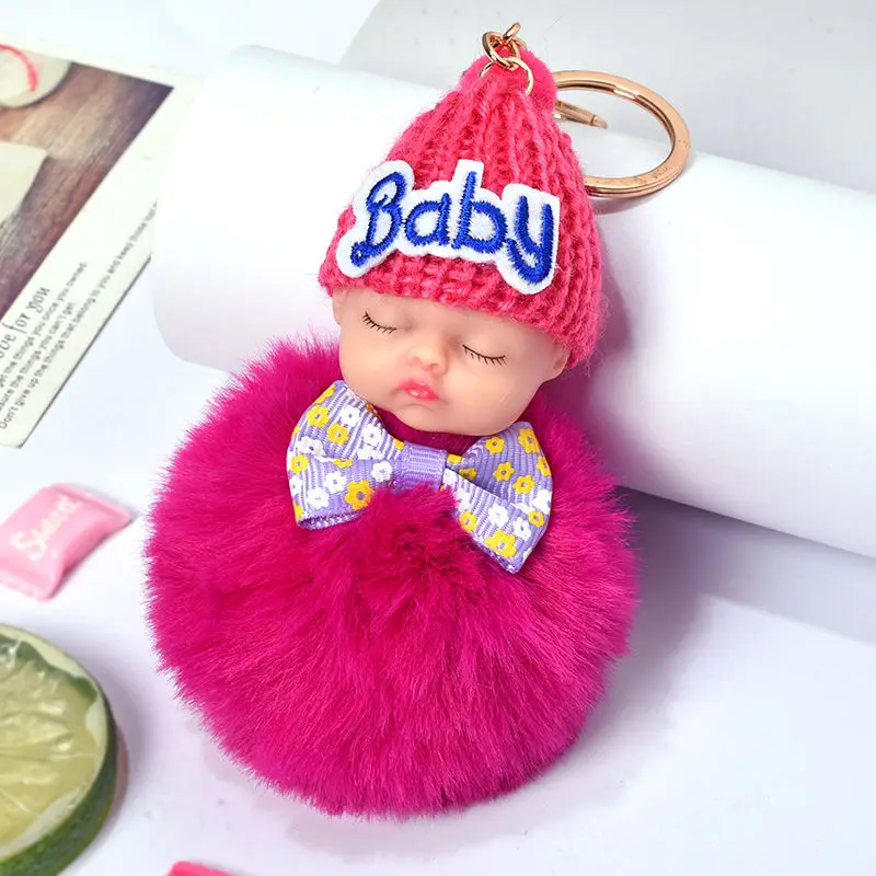 HYBZH Hot Sell Cute Sleeping Baby Doll Key Chain Faux Rabbit Fur Keychain Fluffy Pom Keyring Bag Car Trinket Women Gift | Украшения и