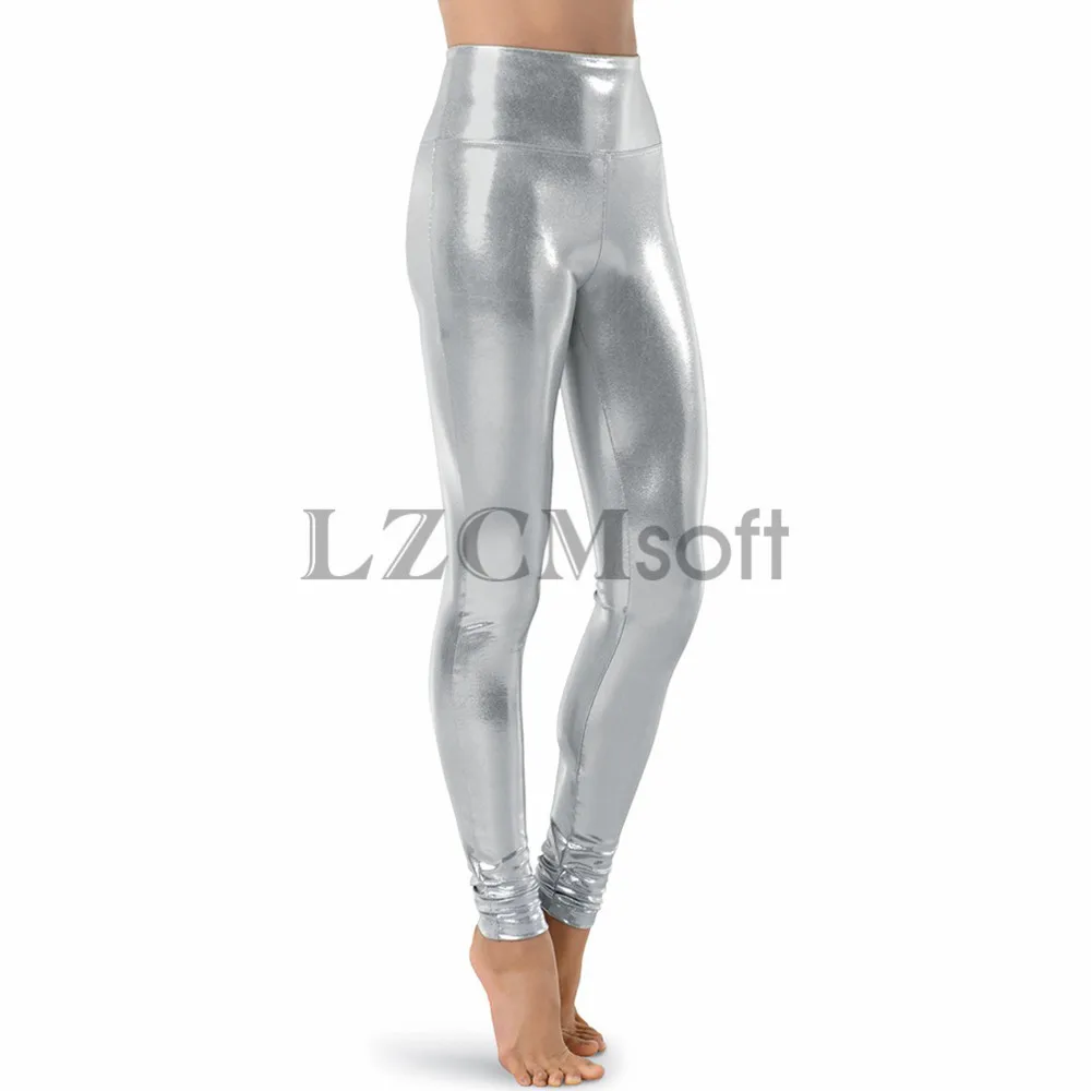 Silver LZCMsoft серебряные женские блестящие металлические леггинсы для танцев с высокой талией длинные штаны из лайкры узкие брюки для сцены - Цвет: Silver