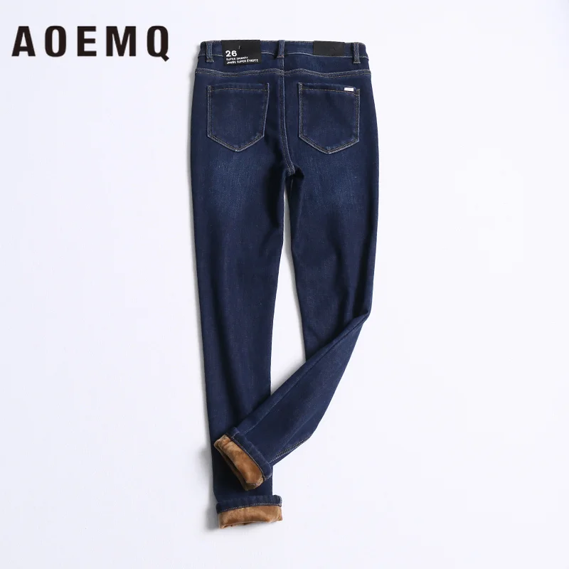 AOEMQ Joker Body Inside Plus Velvet Fine Plush Warm Thick Cotton Stretch Thin High Waist Tight Denim Pants Woman |