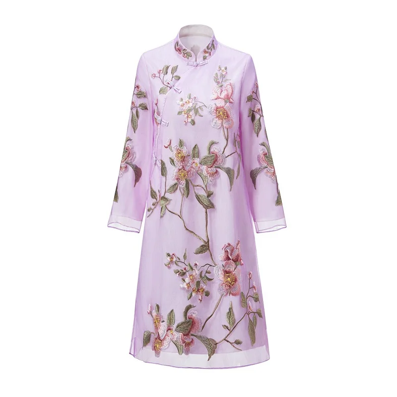 Женское платье с вышивкой Qipao фиолетовое и желтое большого размера XXL весна лето