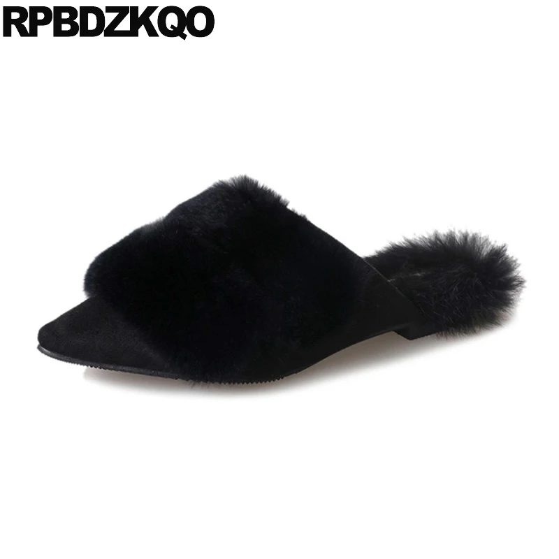 

Cheap Shoes China Mules Suede Pointed Toe Fur Fashion Flats Ladies Women Black Slippers Pointy Slip On European Drop Shipping