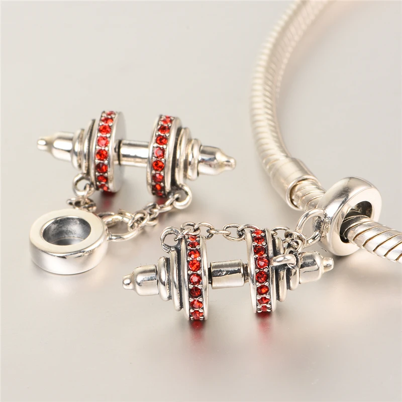 Серебряный шарм Гантели со стразами красные камни для ювелирных изделий с