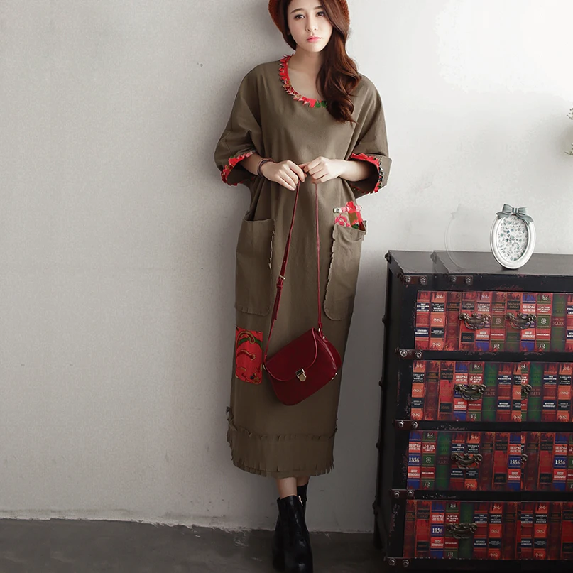 Женское льняное платье-макси с длинным рукавом винтажным принтом | Женская