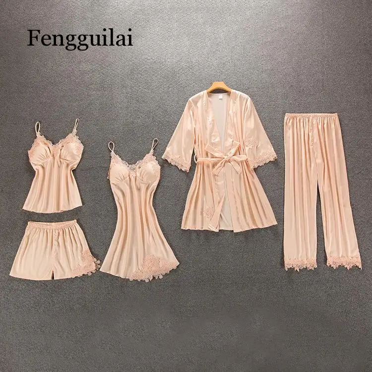 

Women Pajamas 5 Pieces Satin Sleepwear Pijama Silk Home Wear Home Clothing Embroidery Sleep Lounge Pyjama with Chest Pads