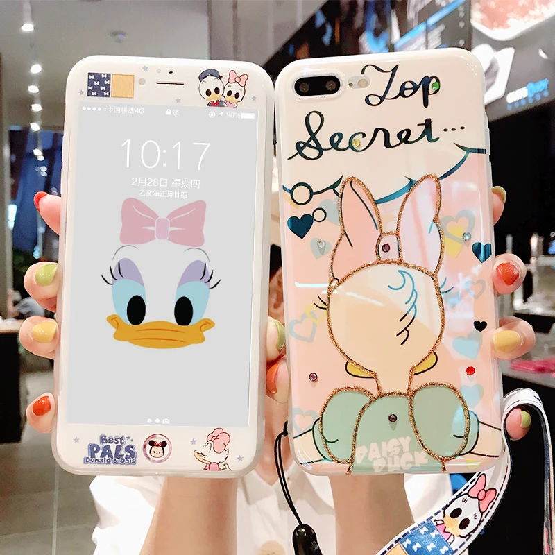 For iPhone 8/7 plus case XS MAX cute Daisy duck cover X/XR &amp tempered glass film for 6 6s+ bling shell girl gift + strap |