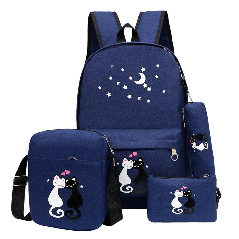 4Pcs/Set  Women Backpack Schoolbag Canvas Cat Pattern School Bag For Girls Laptop Backpack Female Shoulder Bag Bagpack Sac A Dos