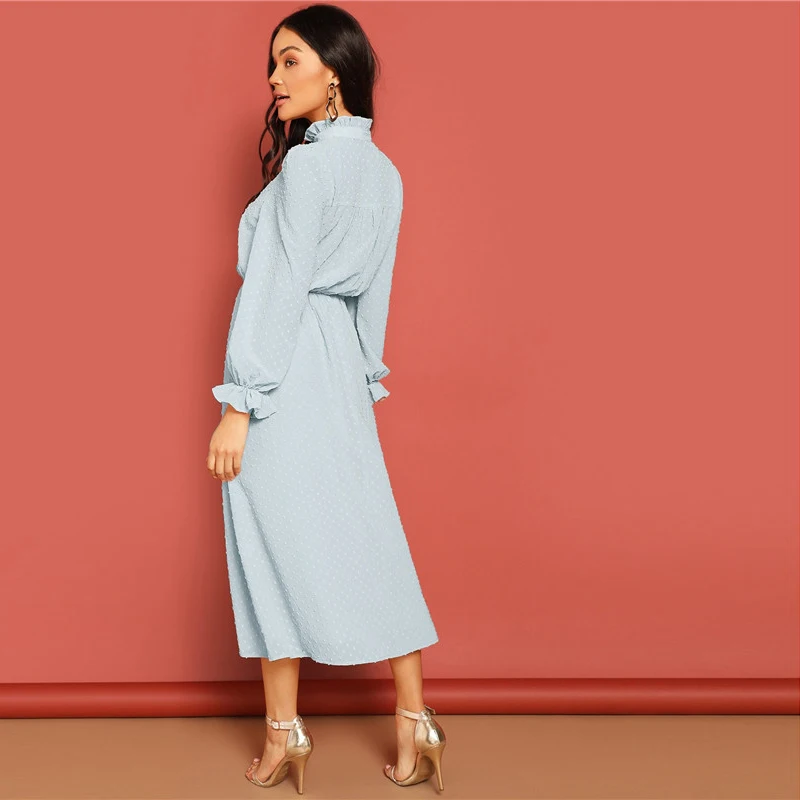 SHEIN Frill and Lace Trim Half Placket Dot Jacquard Long Dress Stand Collar Midi Dress Women Long Sleeve A Line Elegant Dress