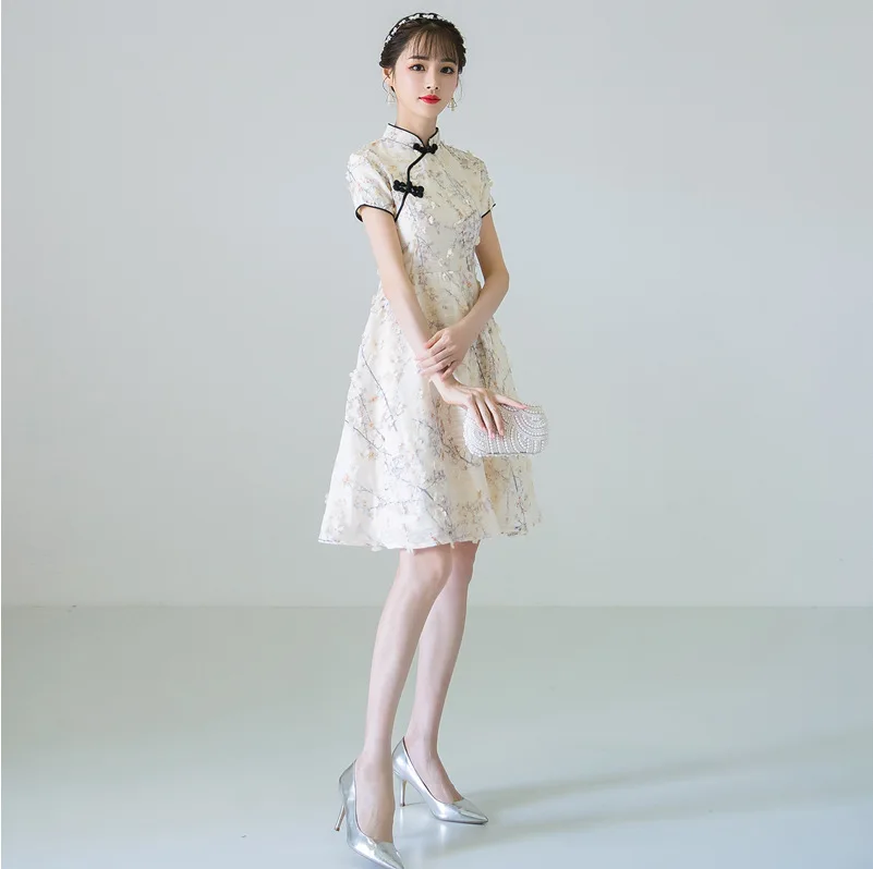 Женское вечернее платье с вышивкой традиционное китайское Ципао коротким