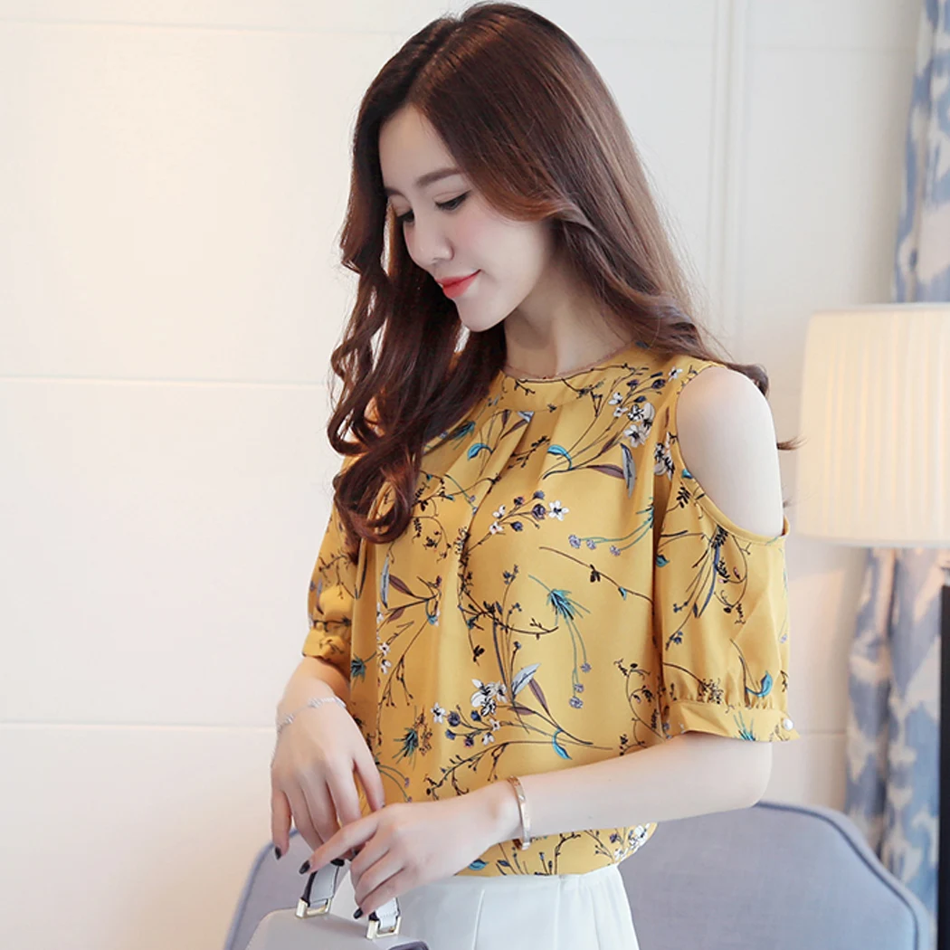 2018 летние открытыми плечами шифон цветочные печатных блузка рубашка Для женщин