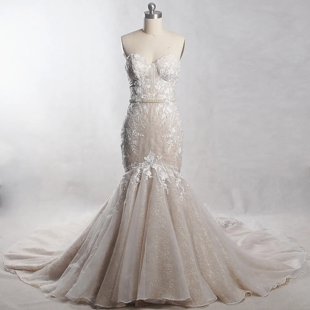 RSW1385 Yiaibridal длинный шлейф возлюбленный вырез блестит цветной золотой и слоновой кости свадебное платье Русалка