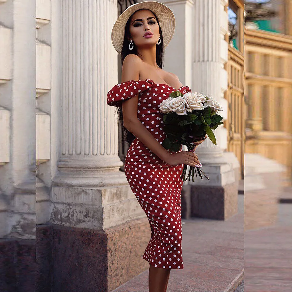 Для женщин сексуальные платья с открытыми плечами принтом в горошек Bodycon платье