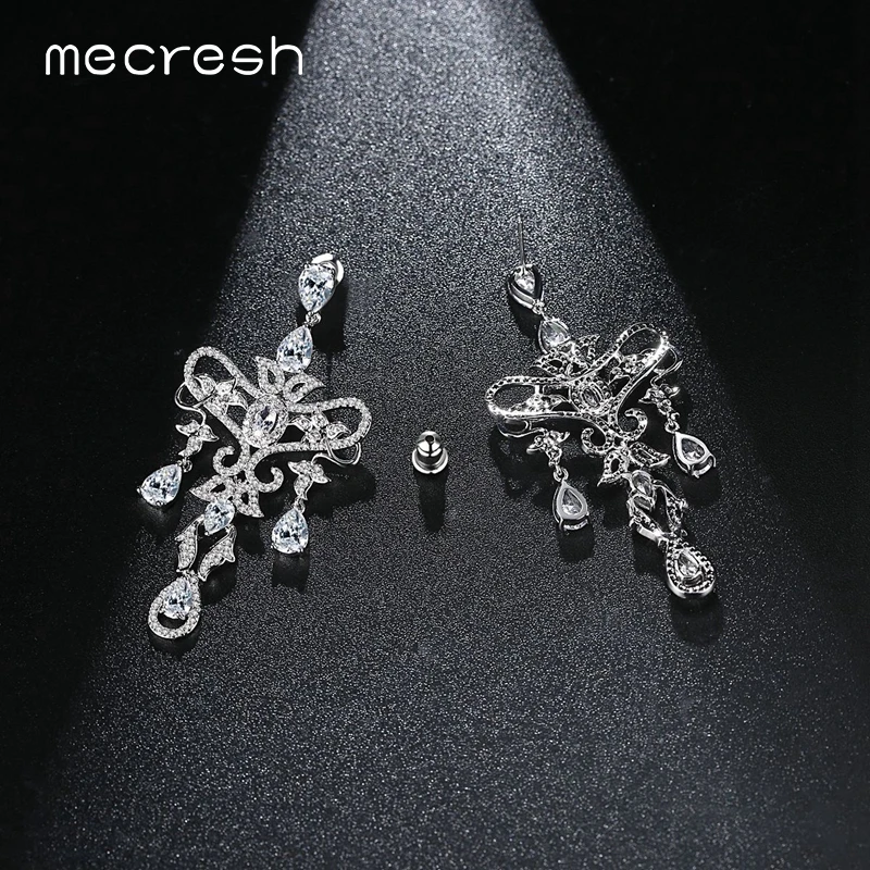 Mecresh Korea Style White Gold Color Large Statement Earrings for Women CZ Chandelier Wedding Dangle Drop Female EH1076 | Украшения и