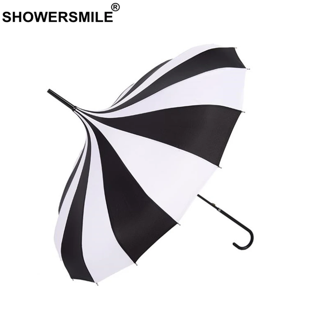 SHOWERSMILE Pagoda Umbrella Women Tower Long-handle Parasol Sun Rain Striped Black White Hanging Parapluie | Дом и сад