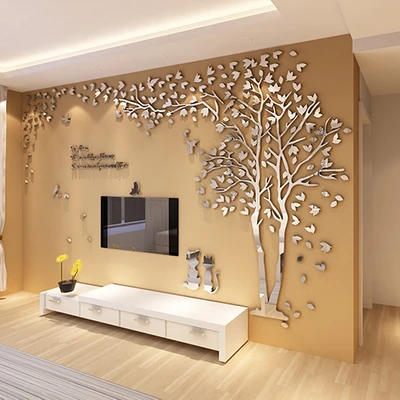 Silvery Right 3D стикер с парой деревьев, акриловая стерео Наклейка на стену, домашний декор, для гостиной, спальни, дивана, декоративное искусство, креативный - Цвет: Silvery Right
