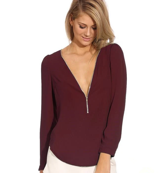 S013 Burgundy CHSDCSI шифоновые блузки с глубоким v-образным вырезом сексуальные рубашки для женщин на молнии с длинным рукавом на молнии Рабочая Одежда Blusas Femininas Топы женские блузки - Цвет: S013 Burgundy
