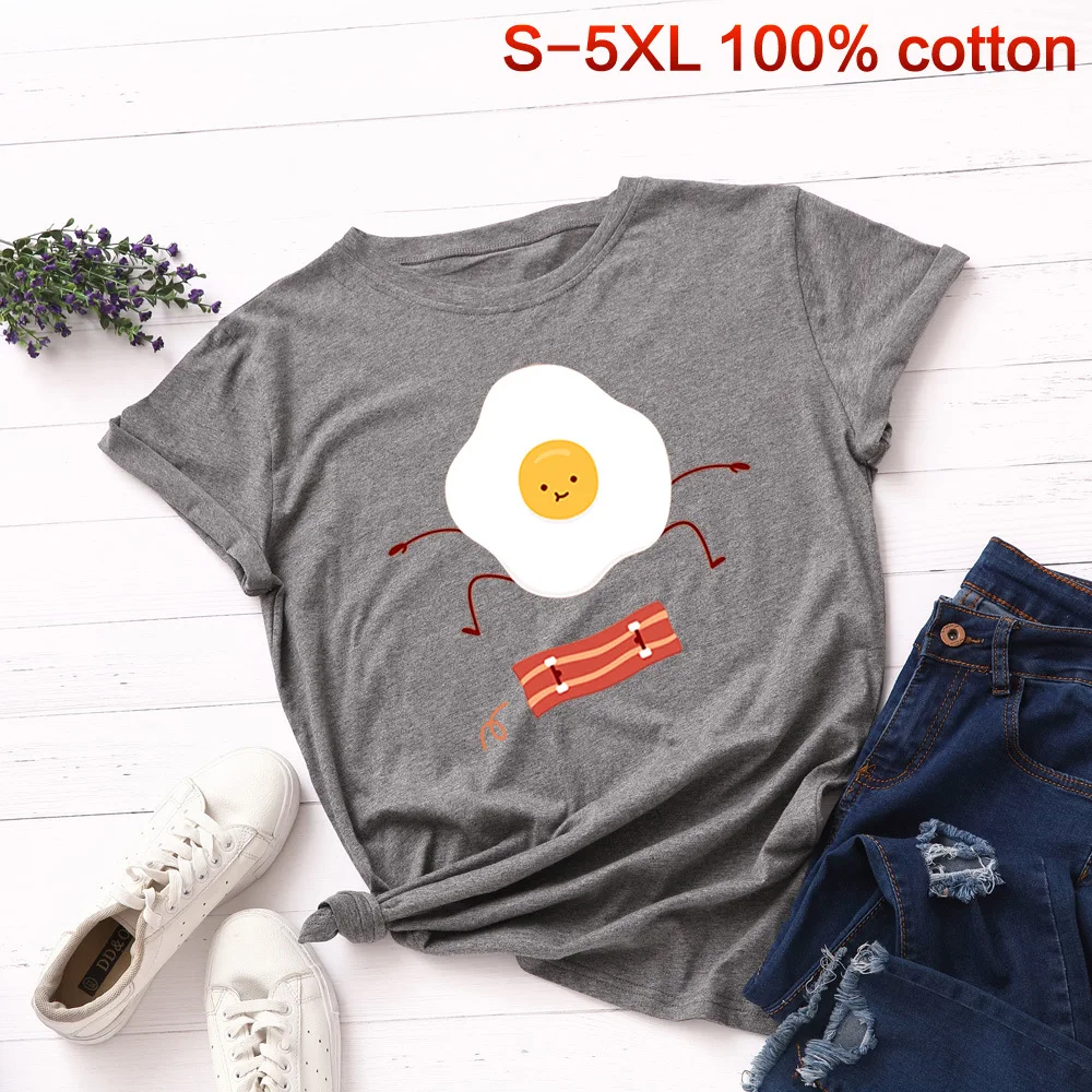 SINGRAIN Women Summer Cute T shirt Omelette Pattern Cartoon female t-shirt plus size fashion loose casual women tops tee | Женская