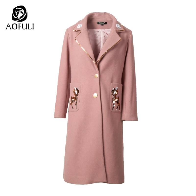 AOFULI M Xxxl 4xl 5xl женское длинное шерстяное пальто с блестками и оленем Длинные Топы