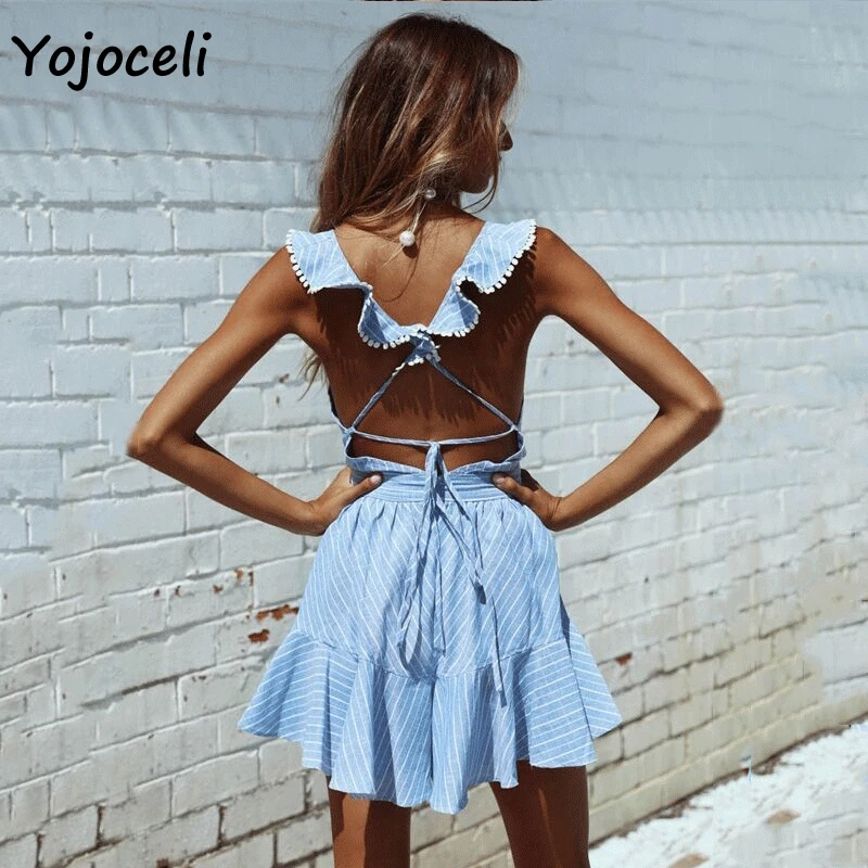 Yojoceli, сексуальное летнее платье в полоску, для женщин, с глубоким v-образным вырезом, с рюшами, с помпонами, мини-платье, Пляжное Платье для вечеринки