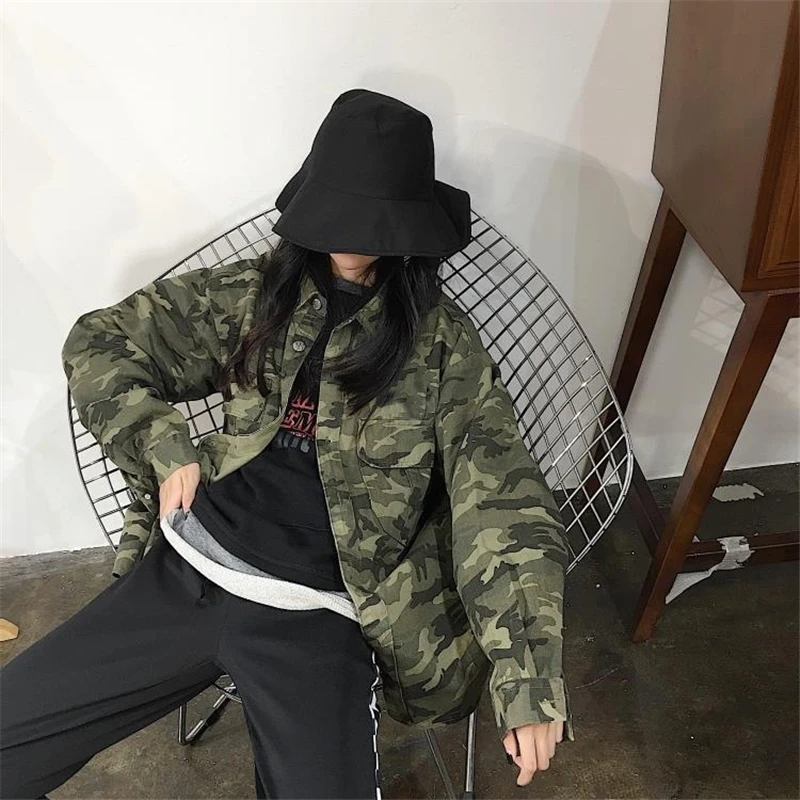 2018 Весна Осень Модное женское камуфляжное пальто в стиле милитари винтажная