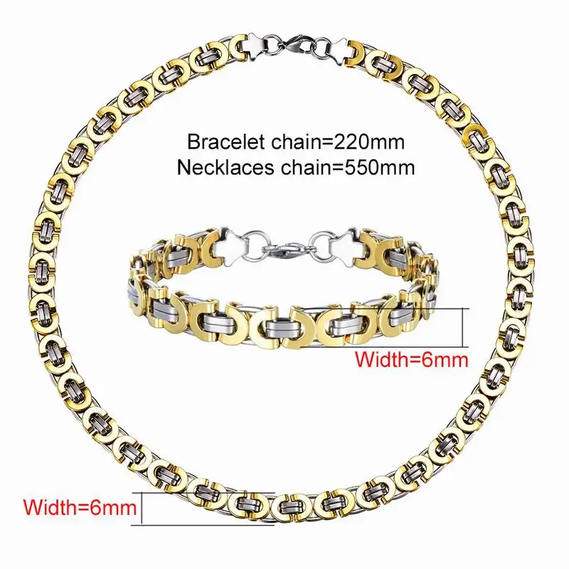 6MM-WIDE Ювелирные наборы из нержавеющей стали, золотой цвет, модные, ширина цепи, звено, браслет и ожерелье, набор для женщин, подарок - Окраска металла: 6MM-WIDE
