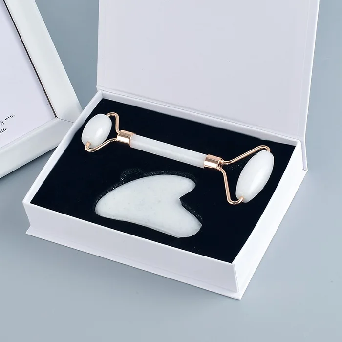 set with box Натуральный Кристальный массаж, белый нефрит, ролик Gua Sha, набор Acupuntura, спа-терапия, скребок для ног на спине, для подтяжки лица, камень, Нефритовый массаж - Цвет: set with box